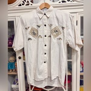 Vintage Jane Ashley Western Embroidered Cotton Shirt – Shoulder Pads (L/XL)